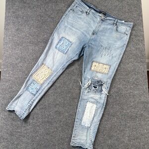 Se'renade Mens 44 Patchwork Ripped Jeans Light Wash Distressed Streetwear Y2K